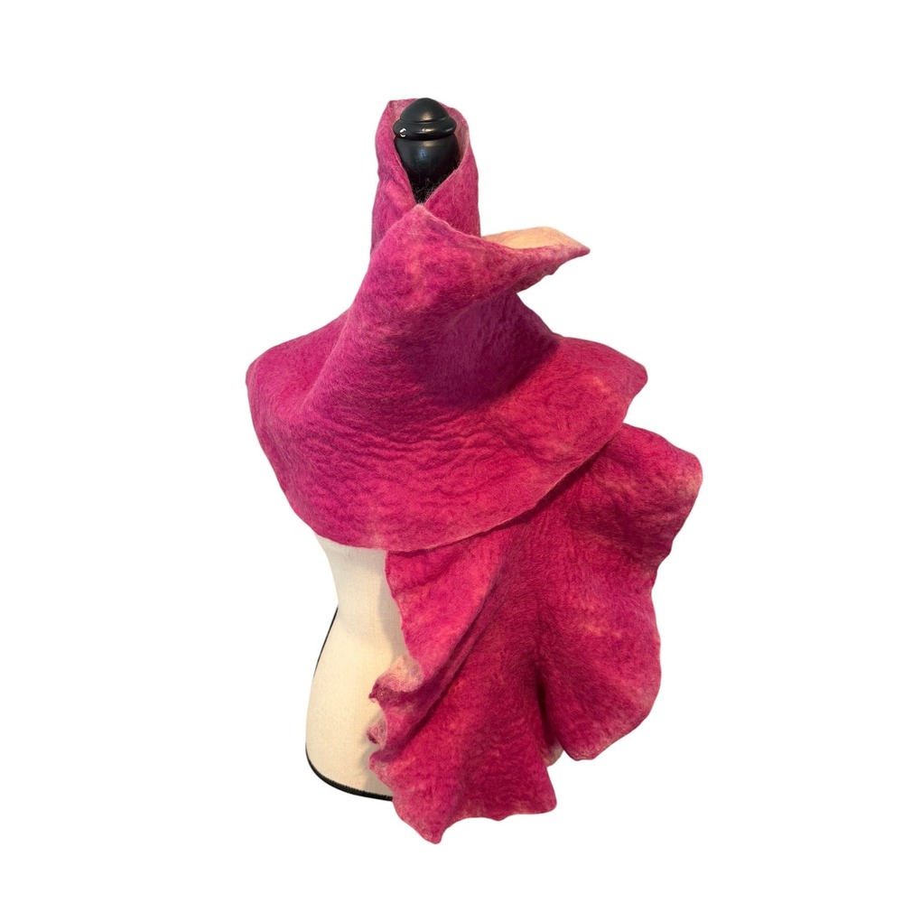 NWT Supermaggie Pink Felted Merino Wool Ruffle Scarf Handcrafted Artisan Wrap
